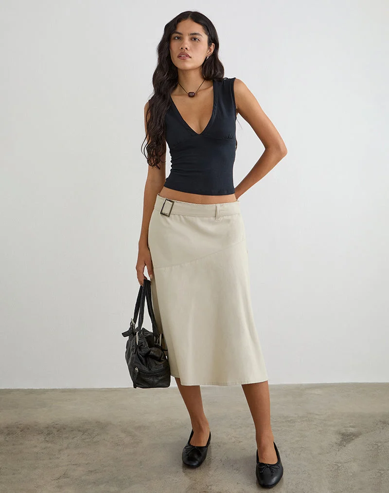 Cabot Midi-Rock mit Gürtel aus Baumwoll-Twill in der Farbe „Latte“