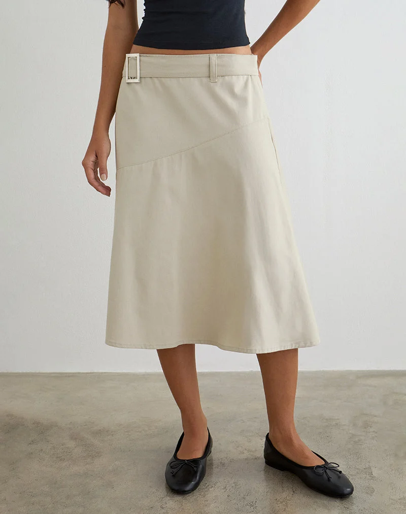 Cabot Midi-Rock mit Gürtel aus Baumwoll-Twill in der Farbe „Latte“