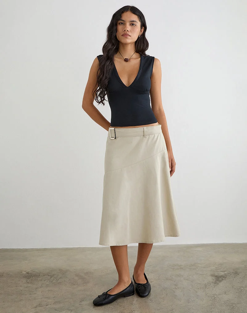 Cabot Midi-Rock mit Gürtel aus Baumwoll-Twill in der Farbe „Latte“