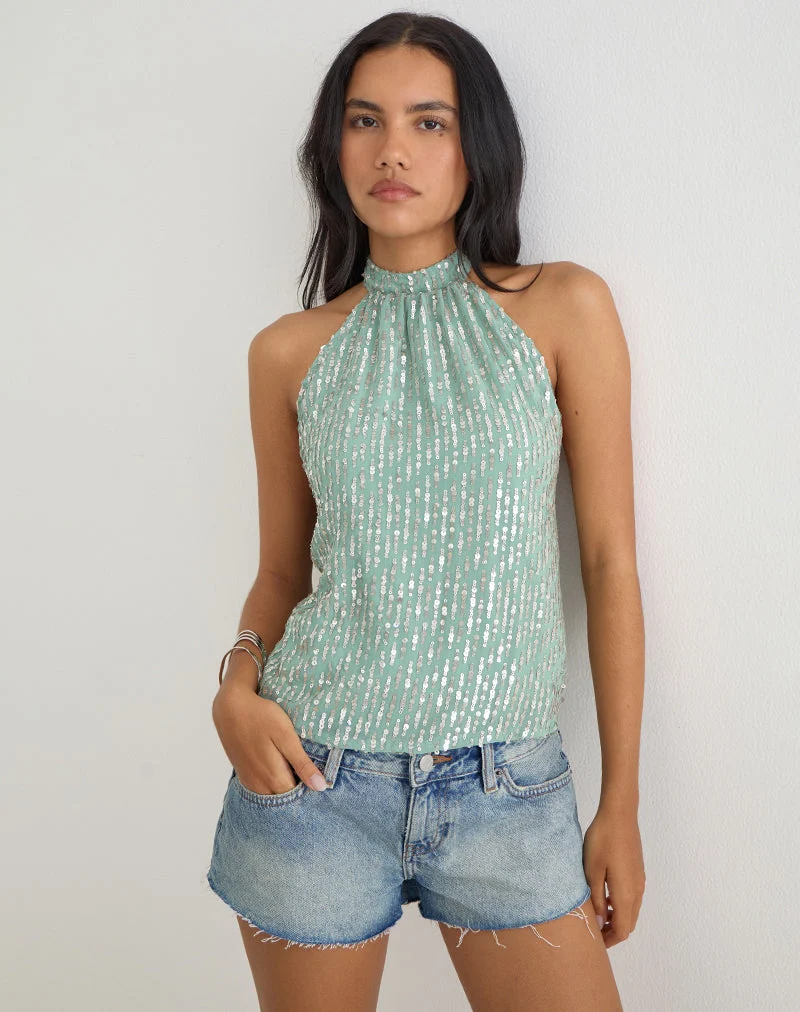 Beyi-Top mit Neckholder-Ausschnitt aus Chiffon mit Pailletten in Jade