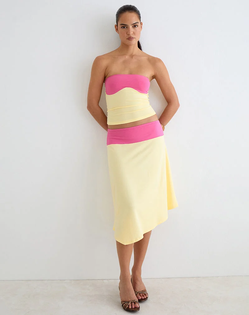 Soli Midi-Rock aus Rayon-Jersey in Zitronengelb und Dunkelrosa