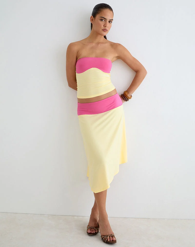 Soli Midi-Rock aus Rayon-Jersey in Zitronengelb und Dunkelrosa