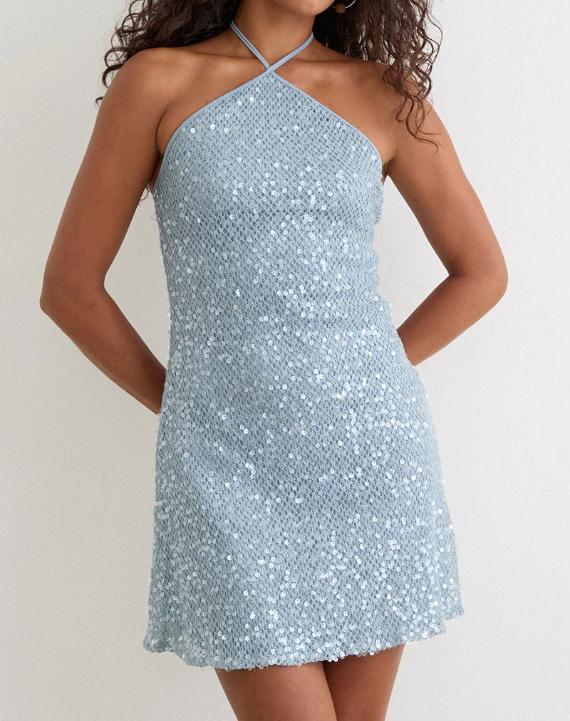 Urlanda-Kleid aus blauem, seafoamfarbenem Pailletten-Strick