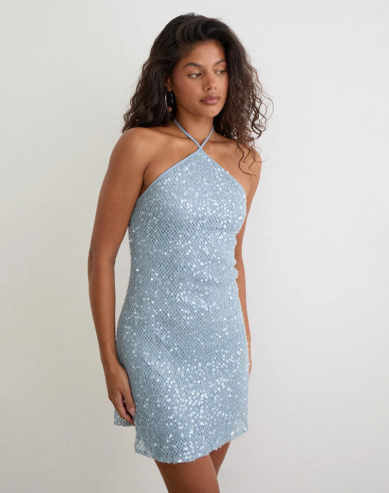 Urlanda-Kleid aus blauem, seafoamfarbenem Pailletten-Strick