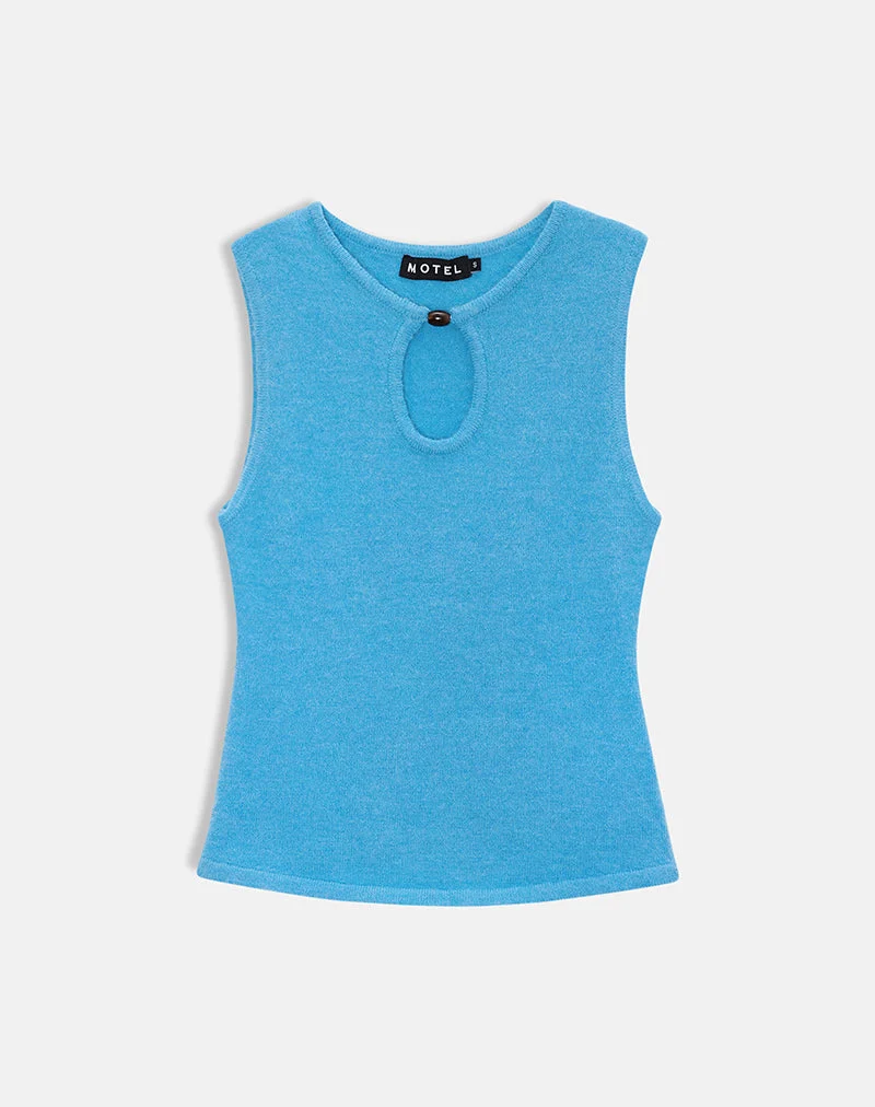 Reita-Top mit Schlüssellochausschnitt und Perle, gestrickt, blau