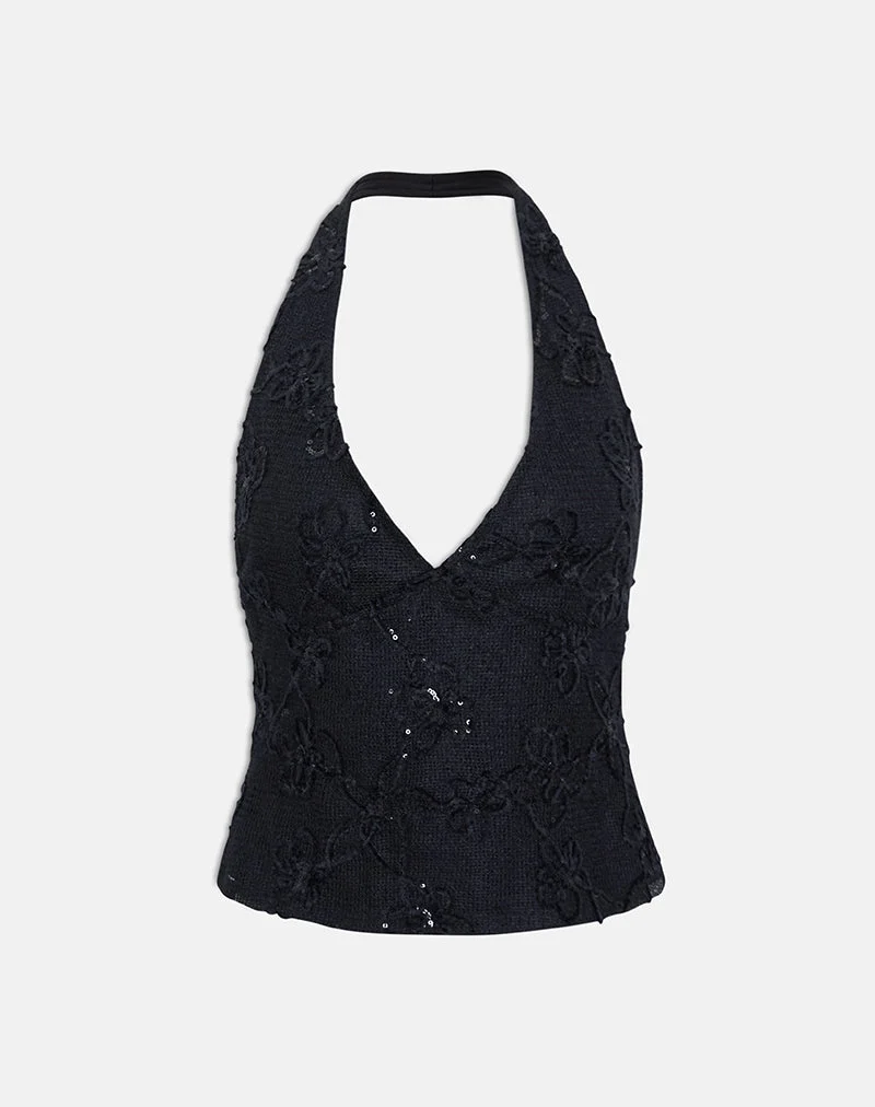 Cosio-Haltertop aus Pailletten-Strick, schwarz