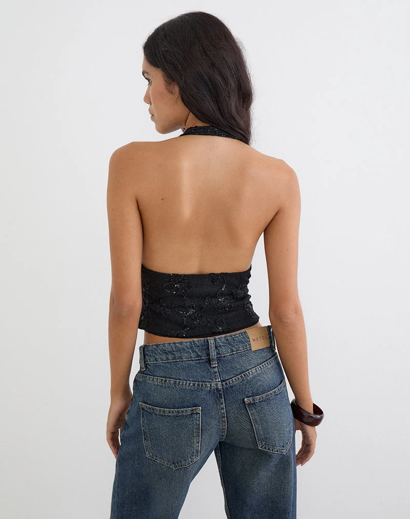 Cosio-Haltertop aus Pailletten-Strick, schwarz