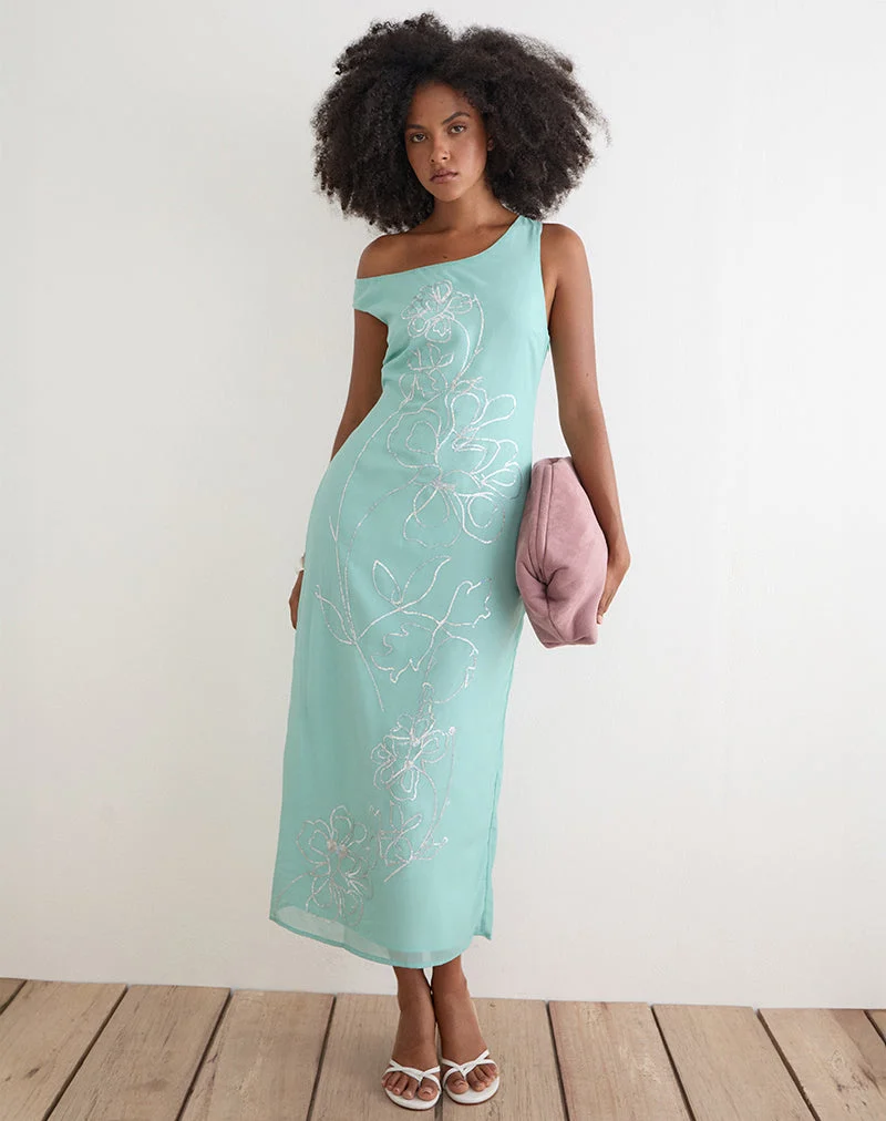 Yelsa-Maxikleid aus Chiffon mit Blumenmuster und Pailletten in Türkis