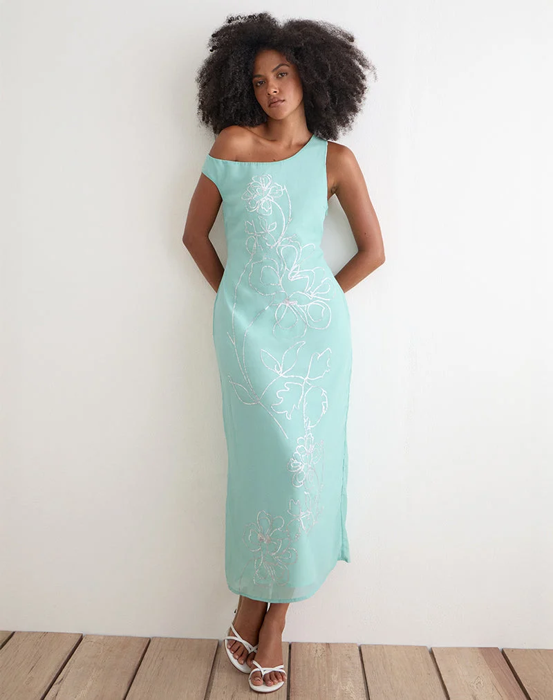 Yelsa-Maxikleid aus Chiffon mit Blumenmuster und Pailletten in Türkis