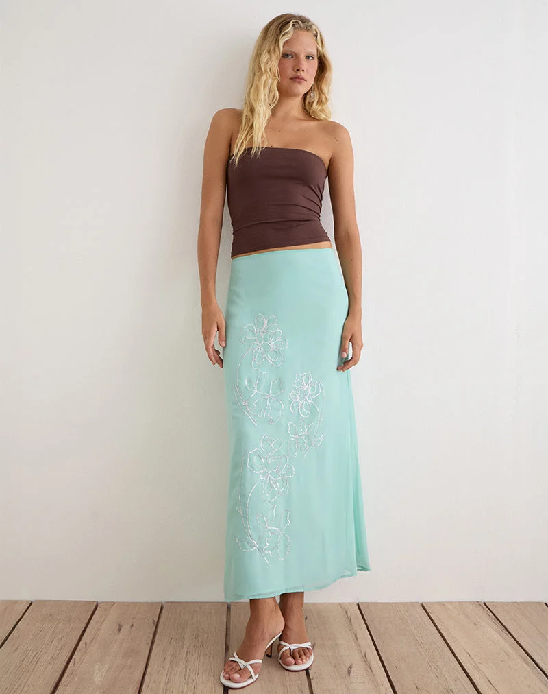 Larina-Maxirock aus Chiffon mit Blumenmuster und Pailletten in Türkis