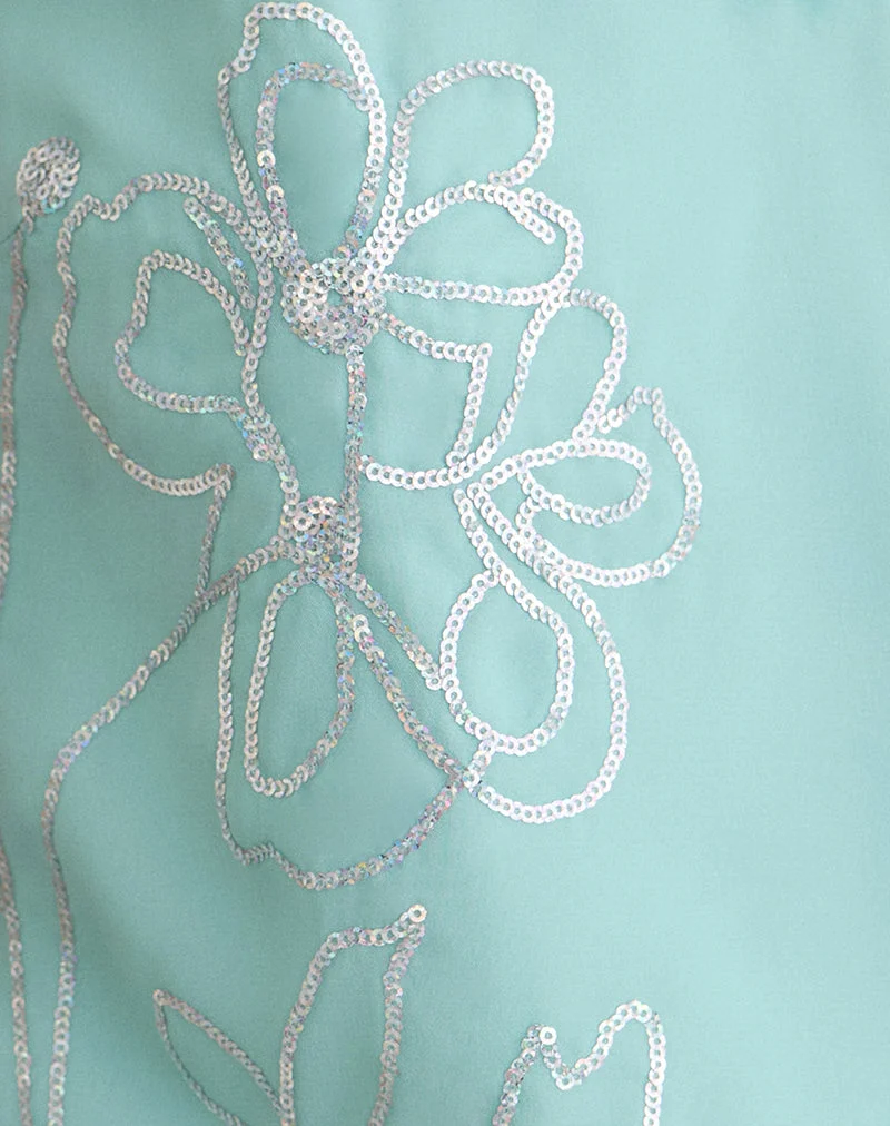 Tavina-Oberteil aus Chiffon mit Blumenmuster und Pailletten in Türkis