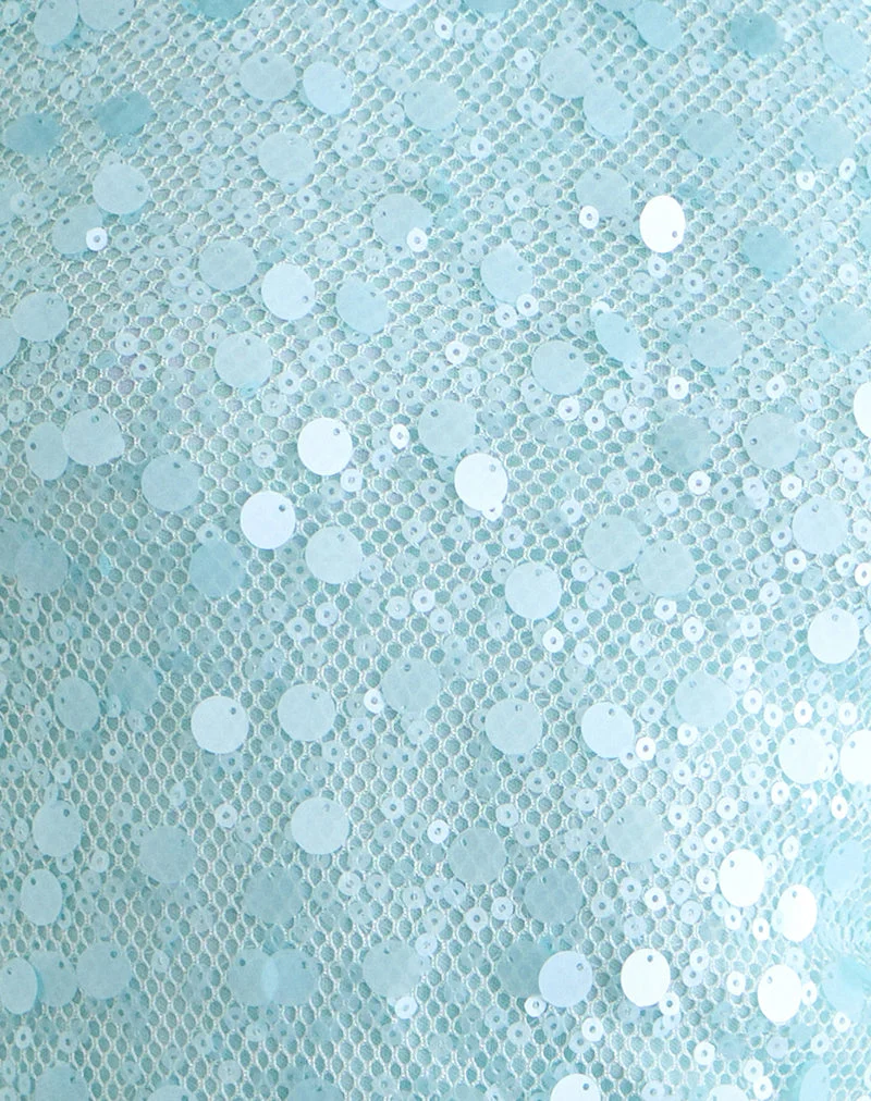 Arlela-Oberteil aus blauem Netzstoff mit Pailletten und Perlenbesatz am Saum