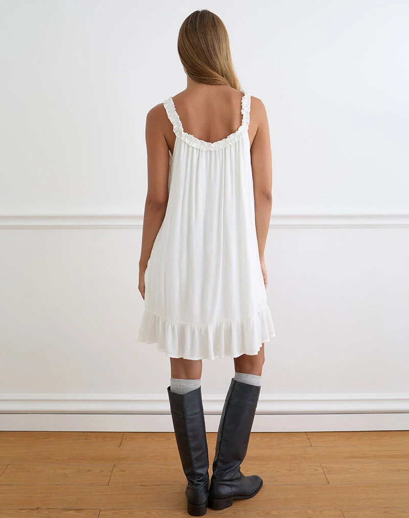 Elowen-Minikleid mit Rüschen in cremefarbenem Crinkle-Stoff