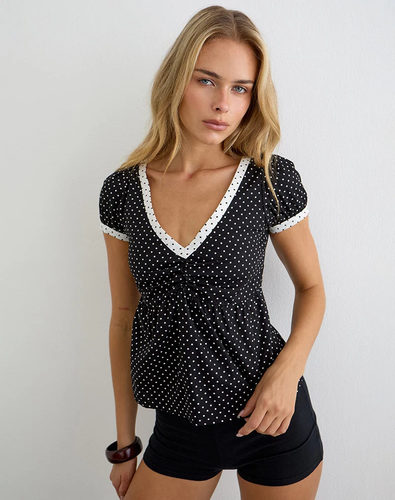 Caixi-Top in Schwarz-Weiß-Kombination mit Mikro-Polka-Print