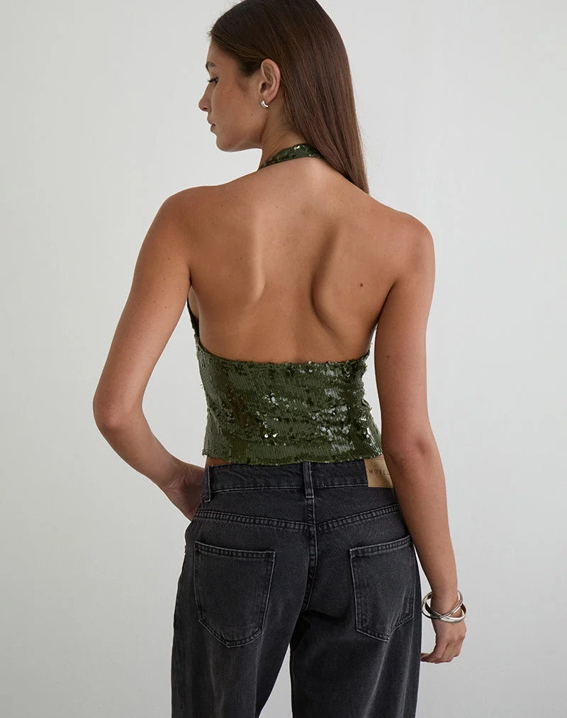 Cosio Neckholder-Top in Mix Sequin Khaki