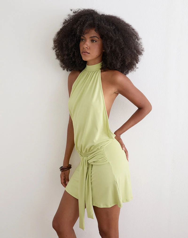 Vakali Mini-Kleid mit Neckholder-Ausschnitt aus Rayon-Jersey in der Farbe Pistazie