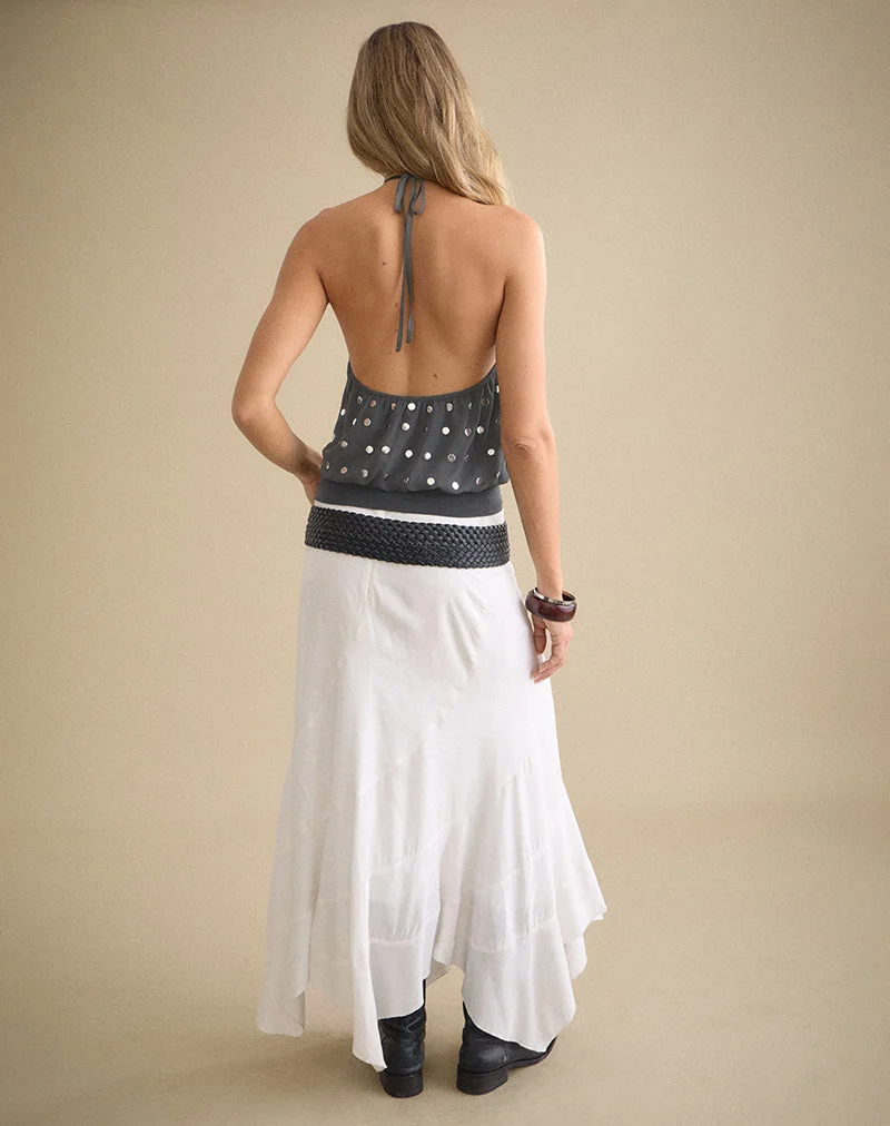 Sabitah-Top mit Schlüssellochausschnitt aus Chiffon mit Nieten, dunkelgrau