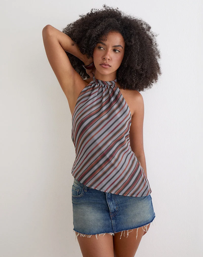 Astina-Halter-Top aus Chiffon mit diagonalen Streifen in Grau und Bordeauxrot