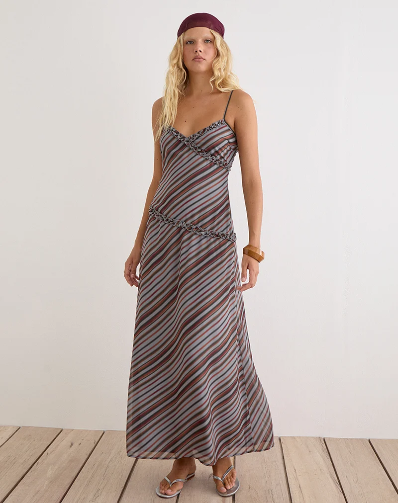 Angie-Maxikleid aus Chiffon mit diagonalen Streifen in Grau und Bordeauxrot