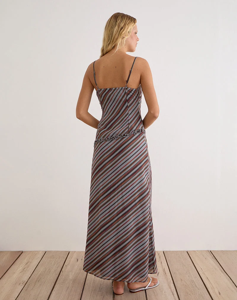 Angie-Maxikleid aus Chiffon mit diagonalen Streifen in Grau und Bordeauxrot