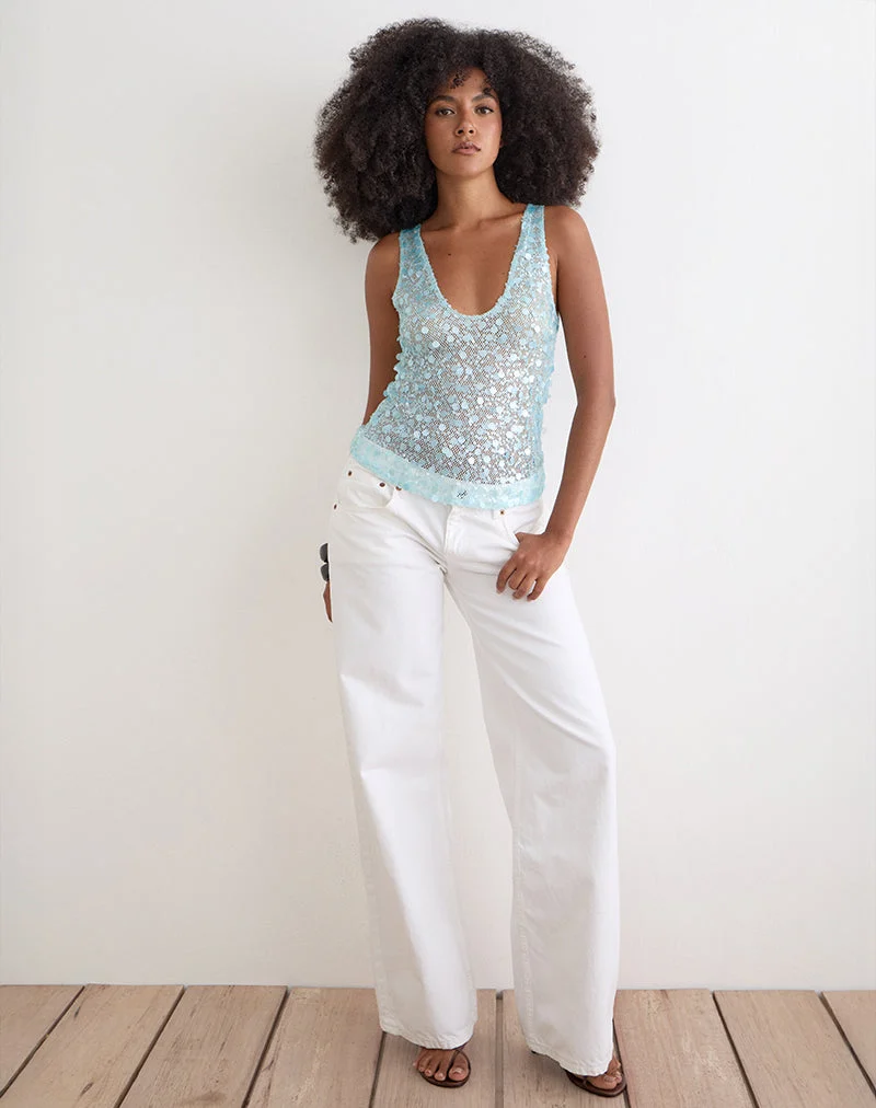 Yorenda-Top aus blauem Netzstoff mit Pailletten