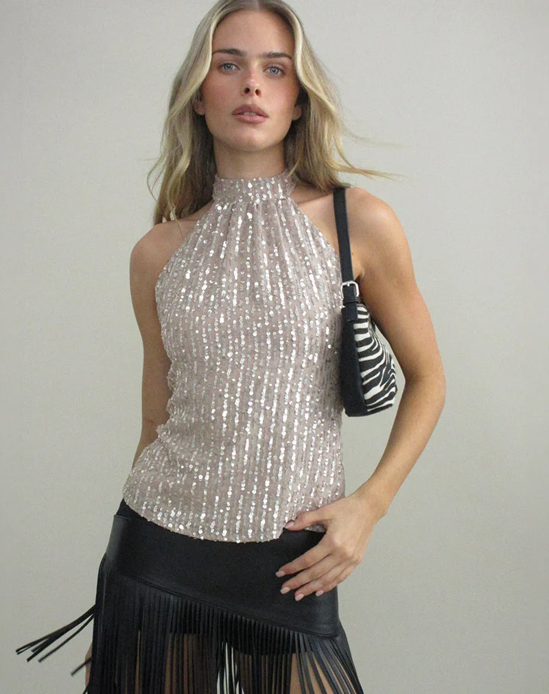 Beyi-Top mit Neckholder-Ausschnitt aus Chiffon mit Pailletten in Nude