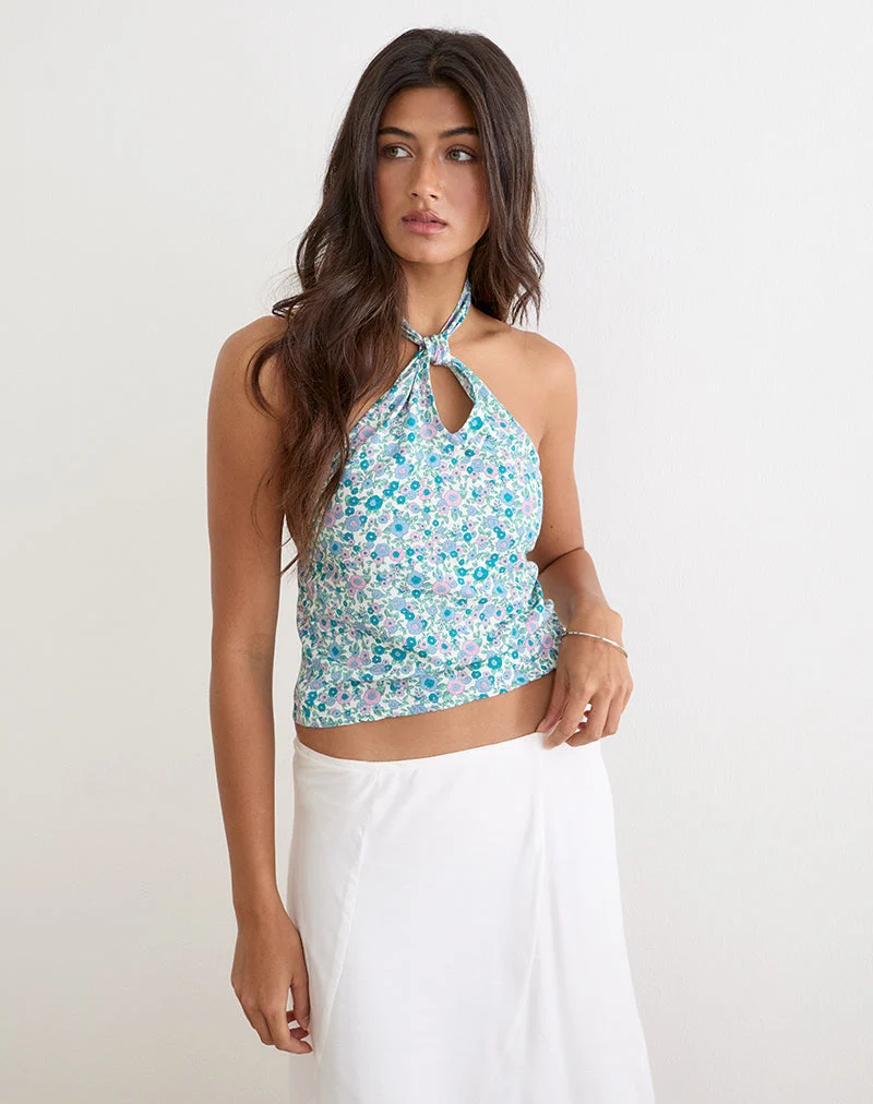 Giulia Knot-Haltertop in Flower-Power-Blau