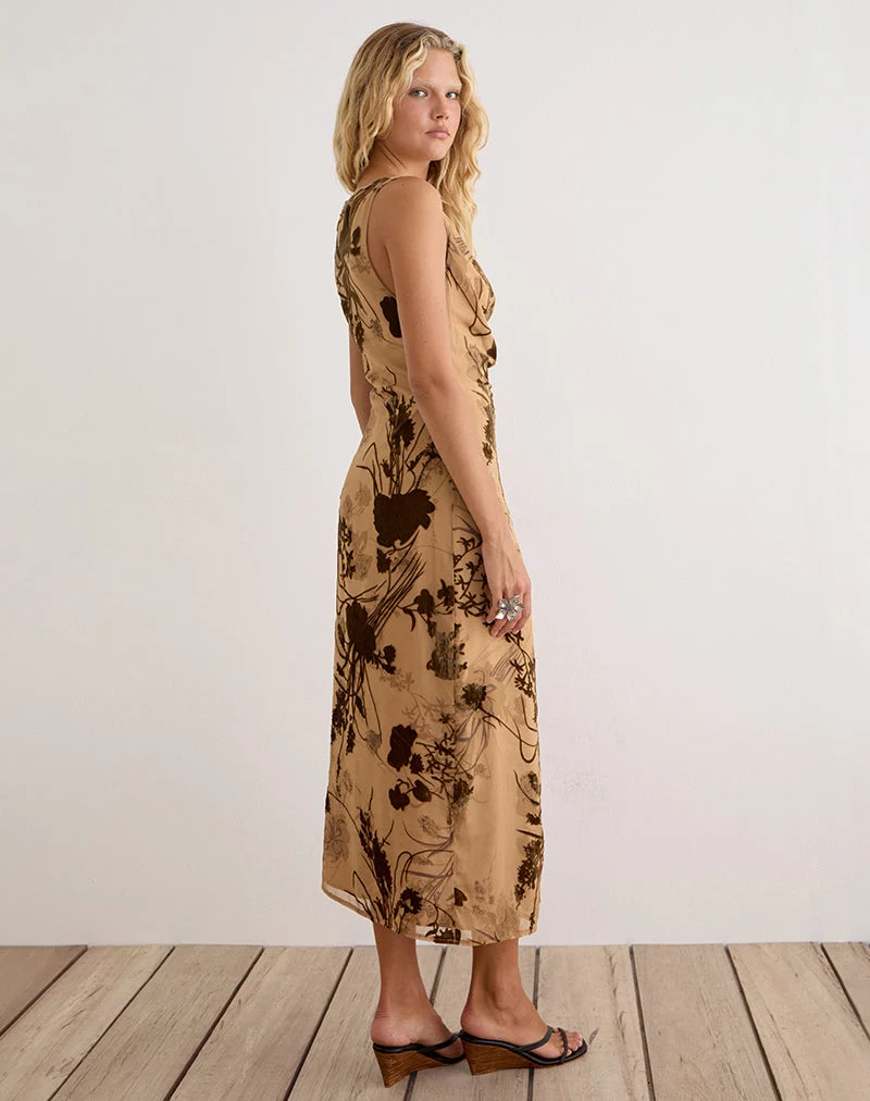 Tana Cowl-Maxikleid aus beigefarbenem Devoré-Stoff mit Blumenmuster