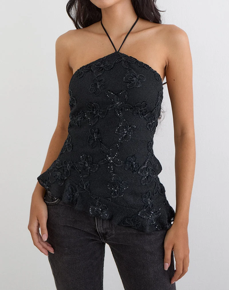 Argeila Halter-Top aus Pailletten-Strick, schwarz