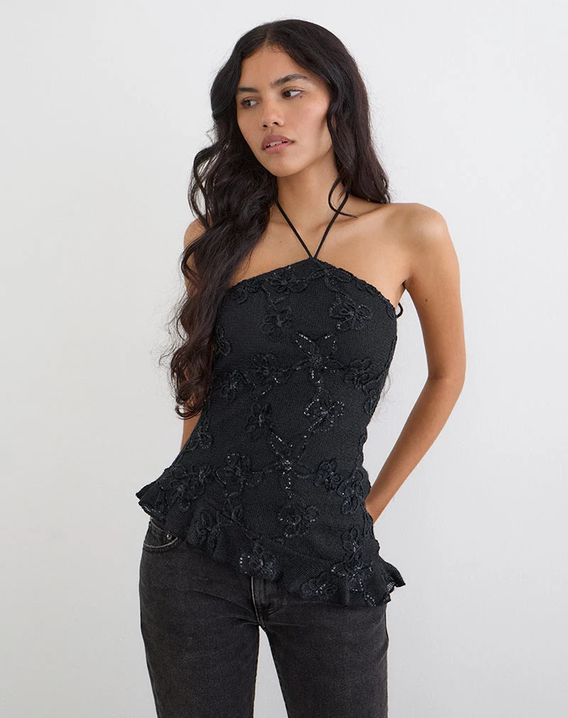Argeila Halter-Top aus Pailletten-Strick, schwarz