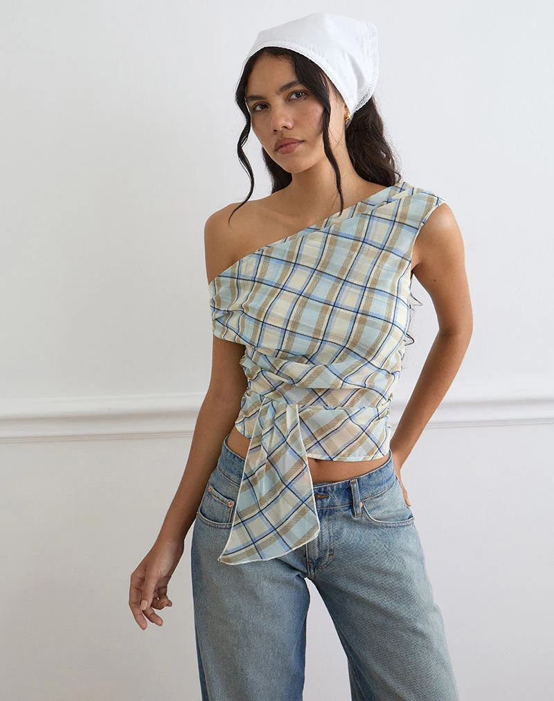 Maida-Oberteil aus Chiffon mit Vintage-Karomuster in Blau