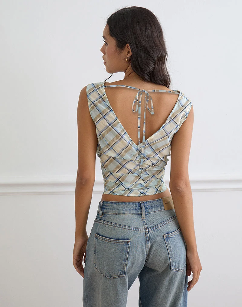 Maida-Oberteil aus Chiffon mit Vintage-Karomuster in Blau