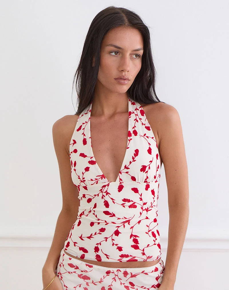Corsita-Top in Creme mit rotem Lilienmuster