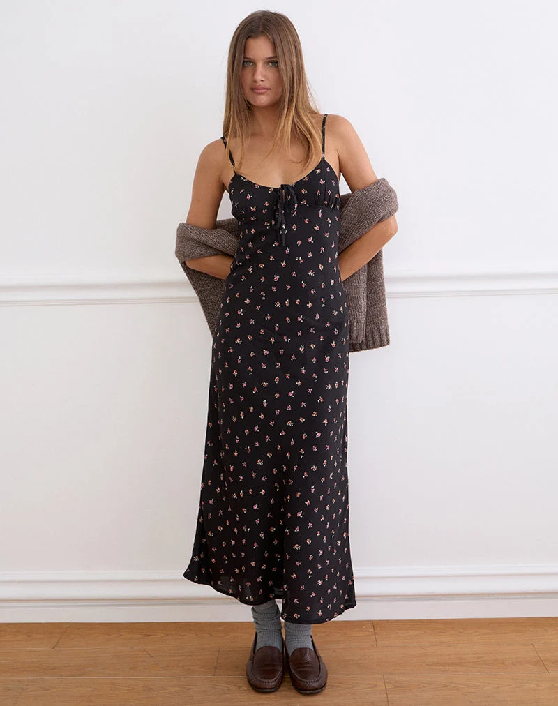 Posine-Maxikleid in Schwarz mit kleinem Rotrosen-Print