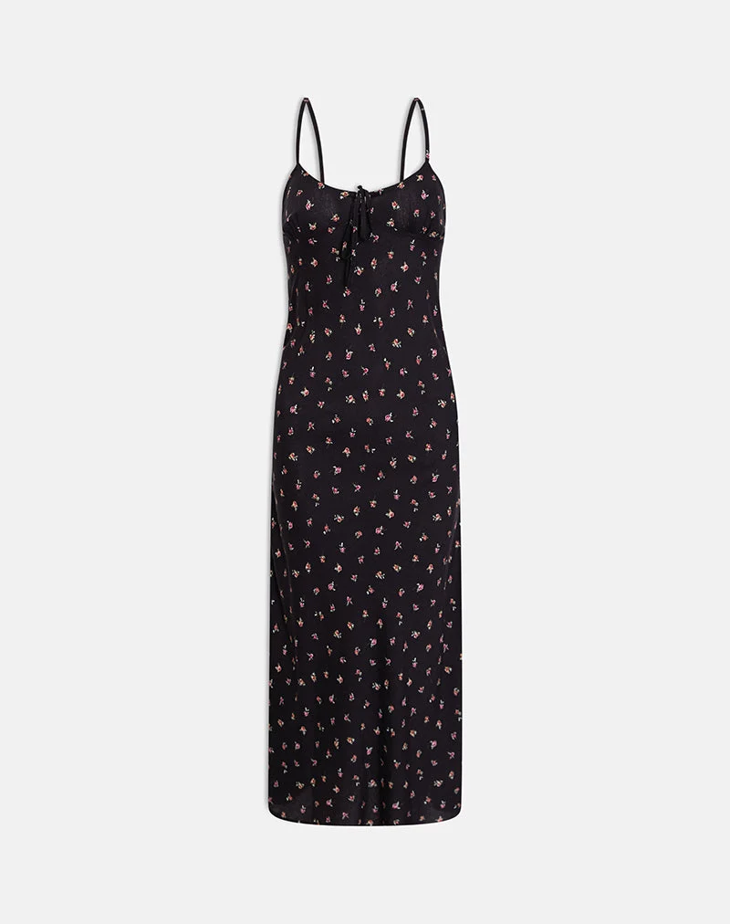 Posine-Maxikleid in Schwarz mit kleinem Rotrosen-Print