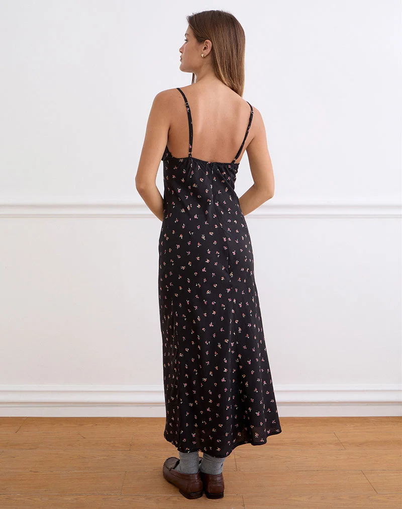 Posine-Maxikleid in Schwarz mit kleinem Rotrosen-Print