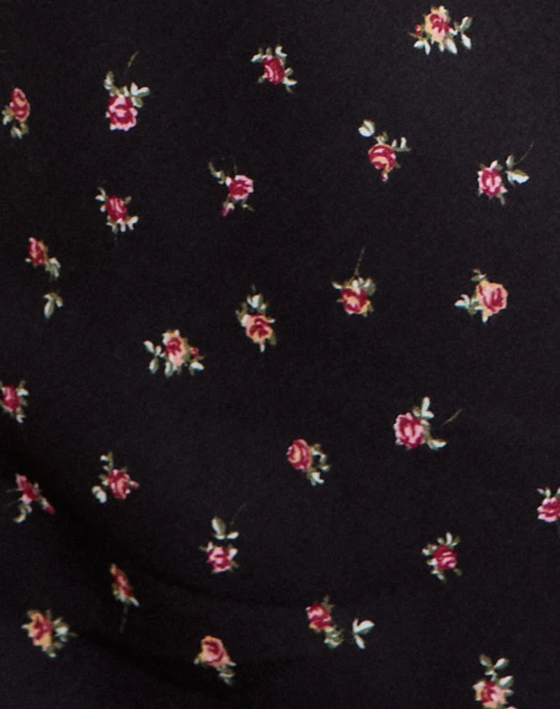Posine-Maxikleid in Schwarz mit kleinem Rotrosen-Print