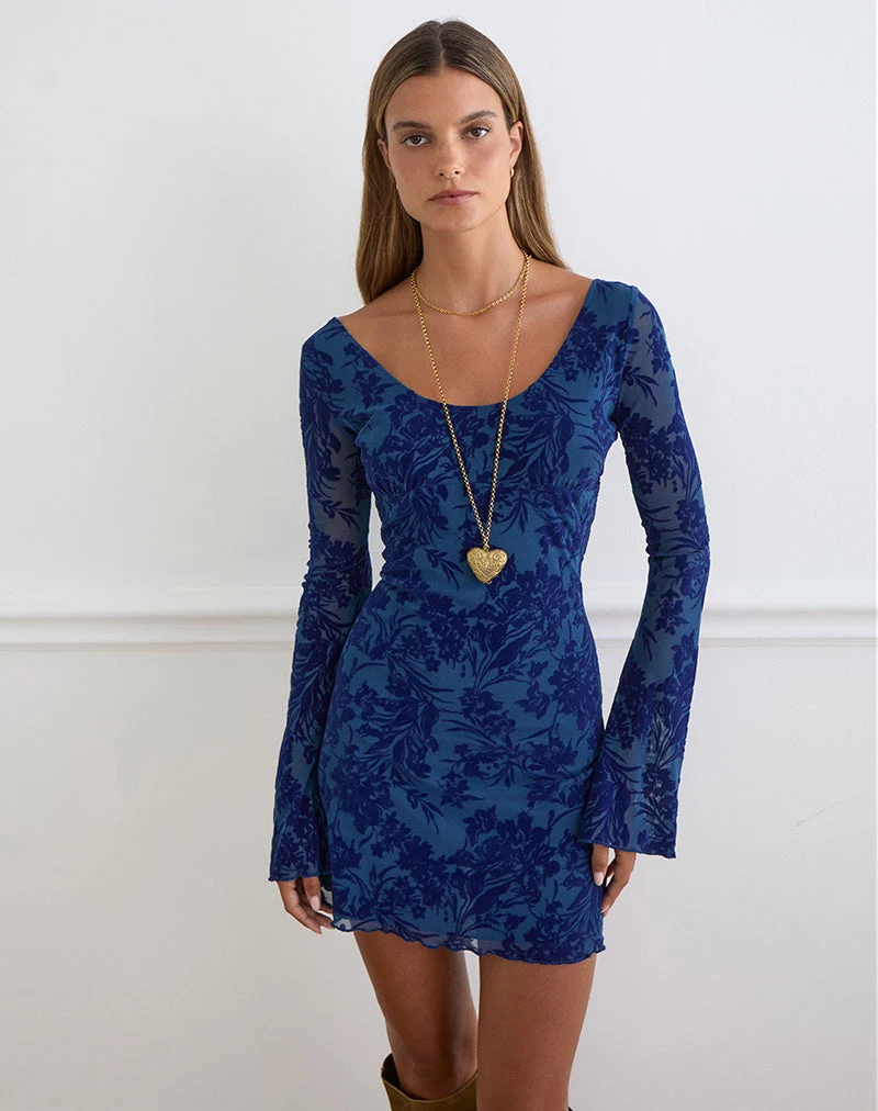 Bindara-Minikleid in Marineblau mit „Midnight Leaf“-Flockmuster