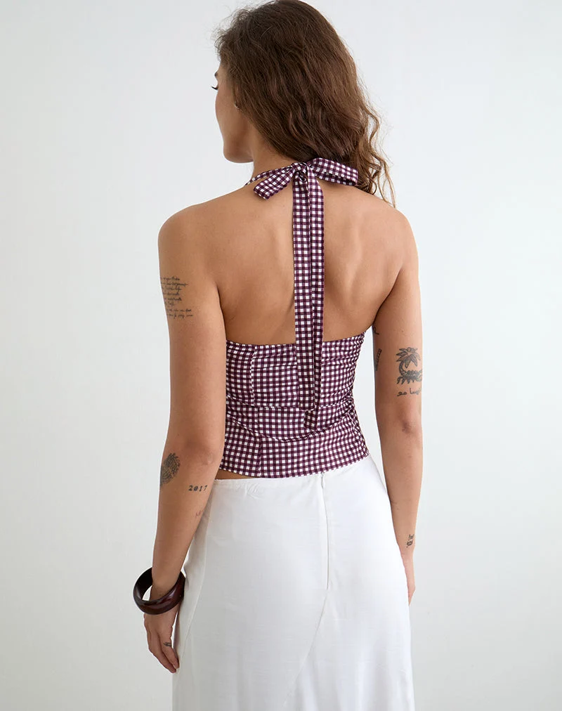 Kampi-Halter-Top in Mini-Gingham, Weinrot