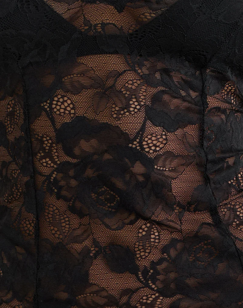 Yoren Top in Schwarz mit Picot-Spitzenbesatz