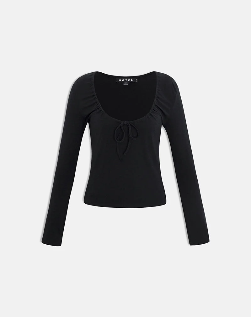 Aye Plunge Langarm-Oberteil mit gerafftem Ausschnitt in Schwarz
