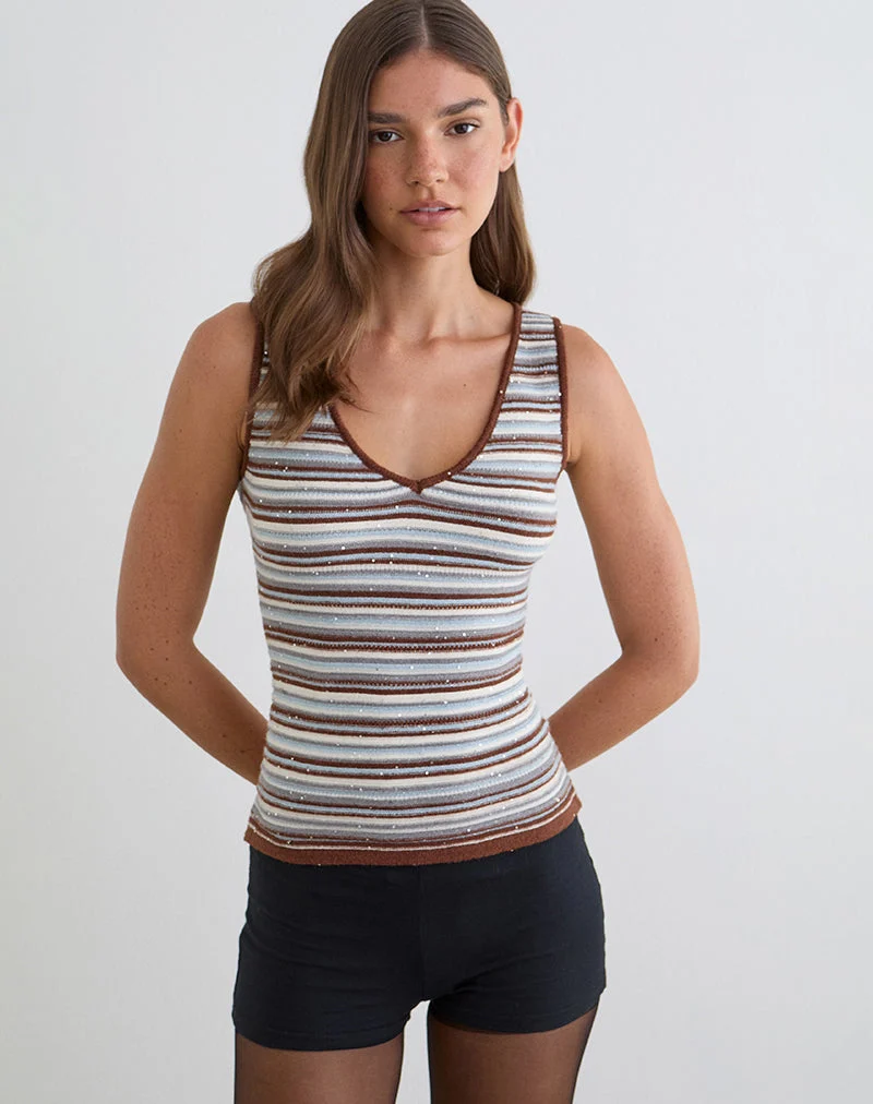 Lycia Plunge Top aus gestreiftem Strick in Blau und Braun