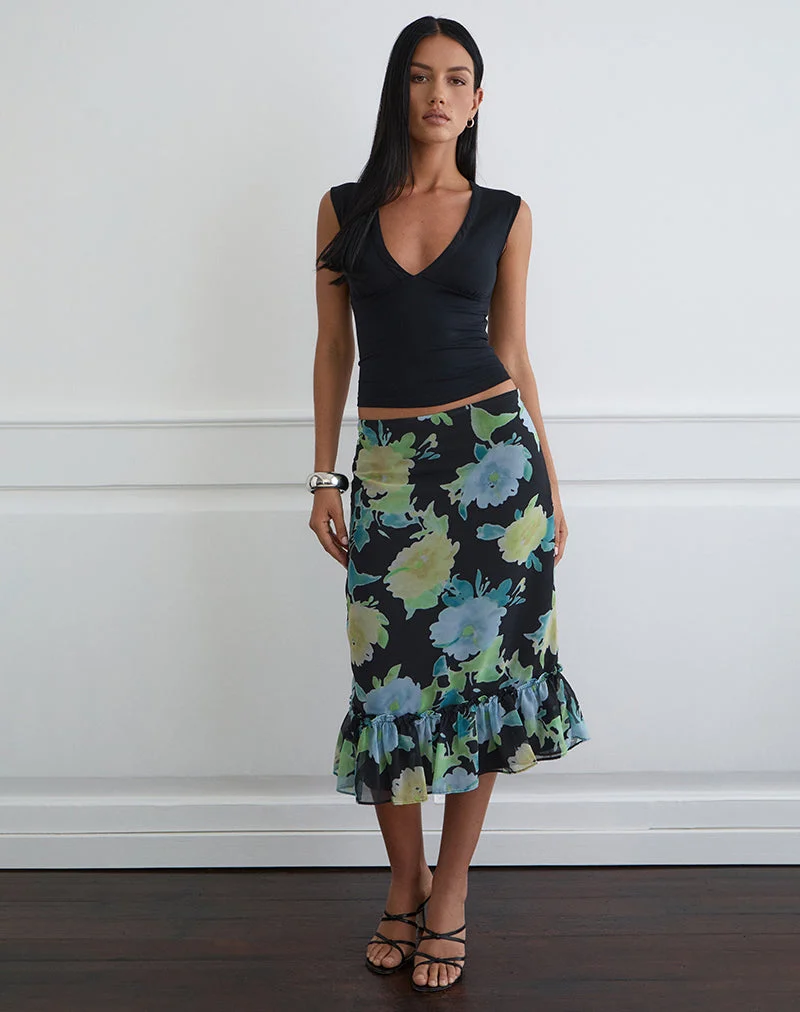 Tarla Midirock aus schwarzem Chiffon mit Kristallblumenprint
