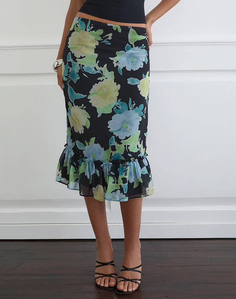 Tarla Midirock aus schwarzem Chiffon mit Kristallblumenprint