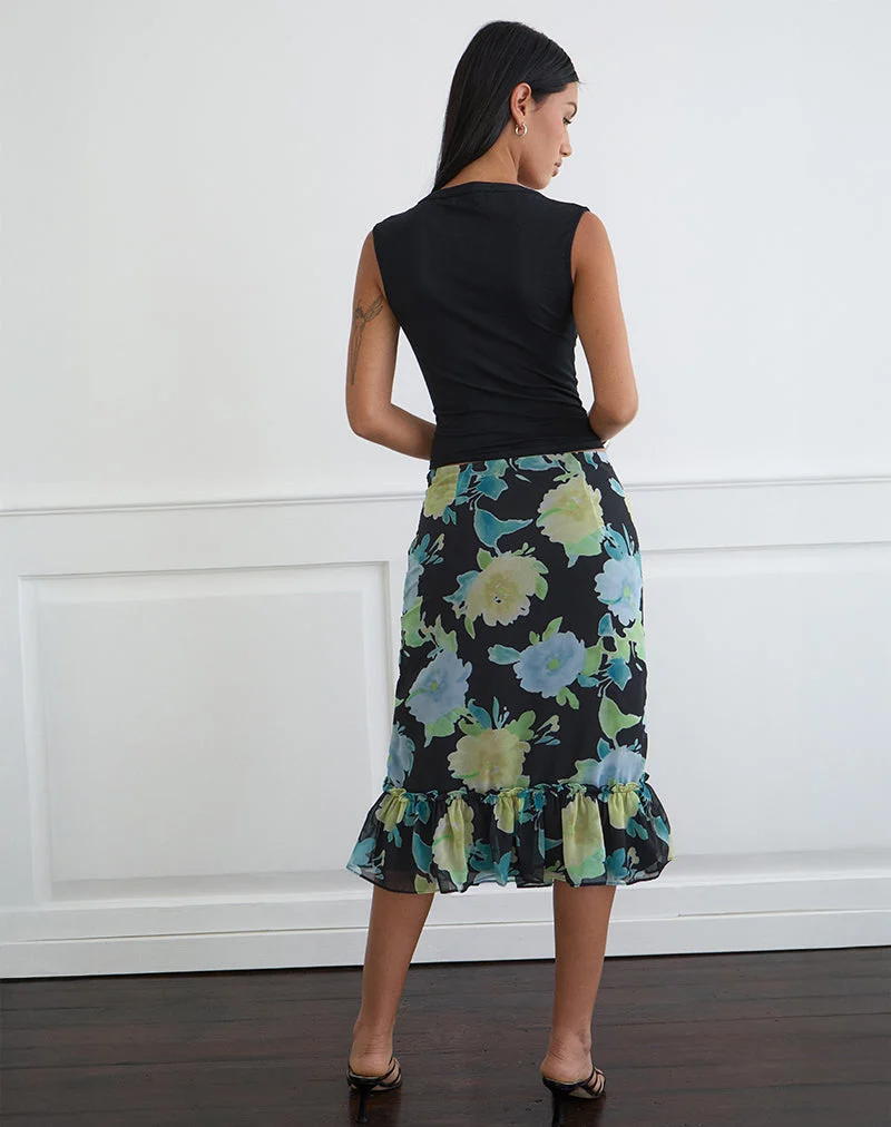 Tarla Midirock aus schwarzem Chiffon mit Kristallblumenprint