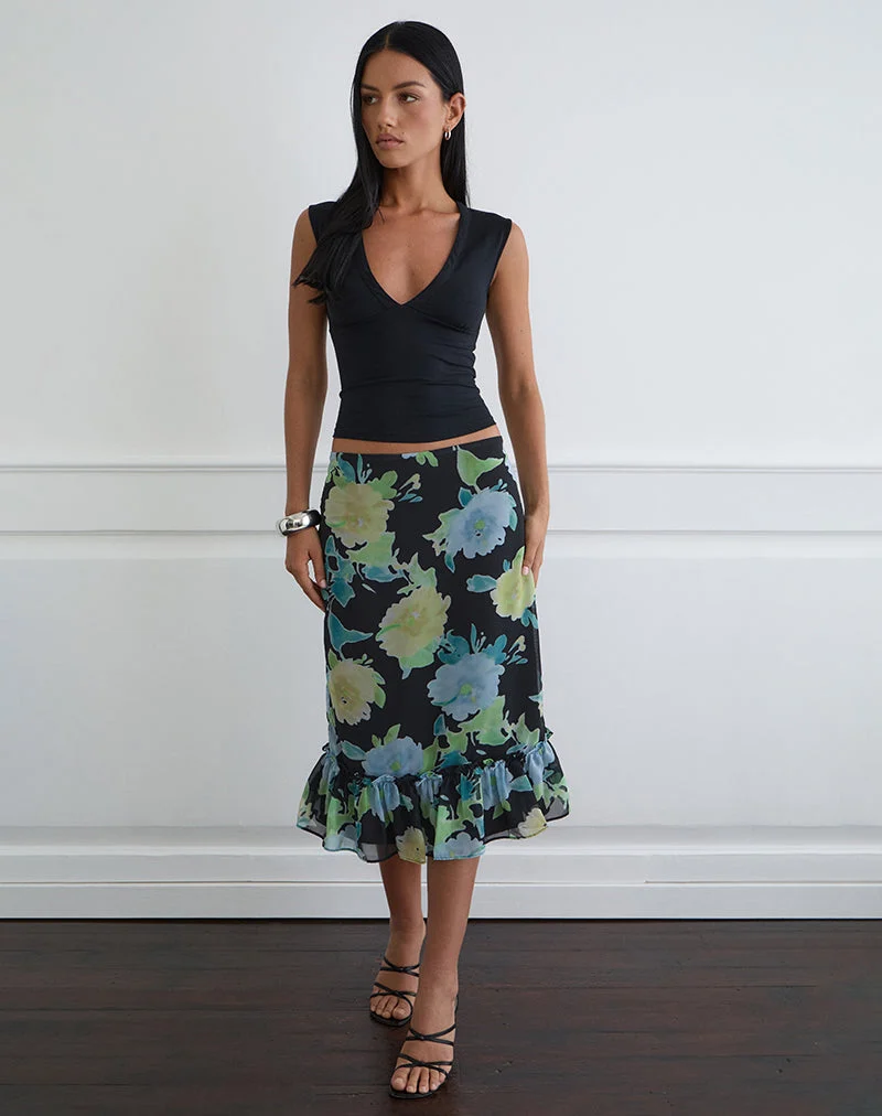 Tarla Midirock aus schwarzem Chiffon mit Kristallblumenprint