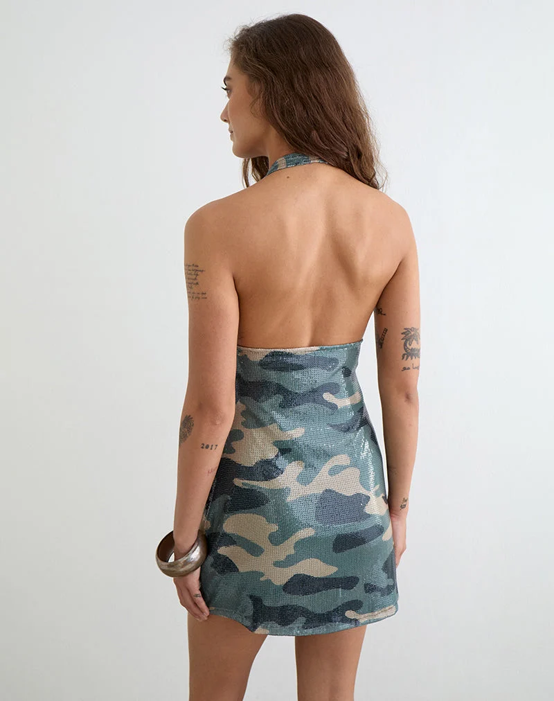 Hepasi Halter-Minikleid in Khaki-Grün mit Camouflage-Paillettenmuster