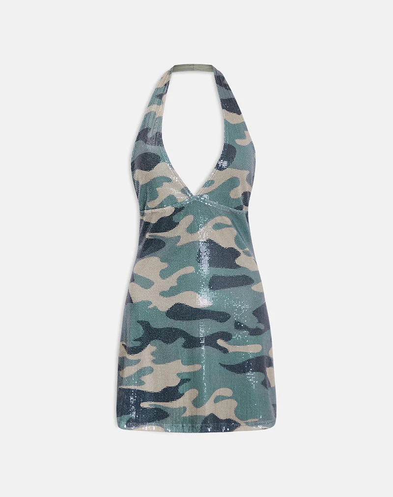 Hepasi Halter-Minikleid in Khaki-Grün mit Camouflage-Paillettenmuster