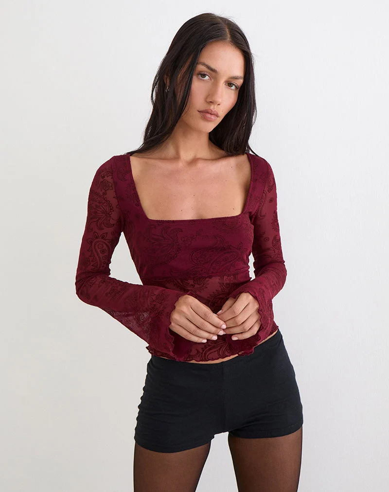 Nafre Top in Flock Compact Paisley Weinrot