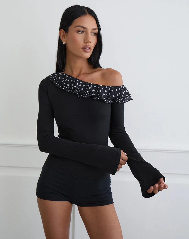 Sariya Langarm-Oberteil aus Cupro in Schwarz mit kleinen Polka-Rüschen